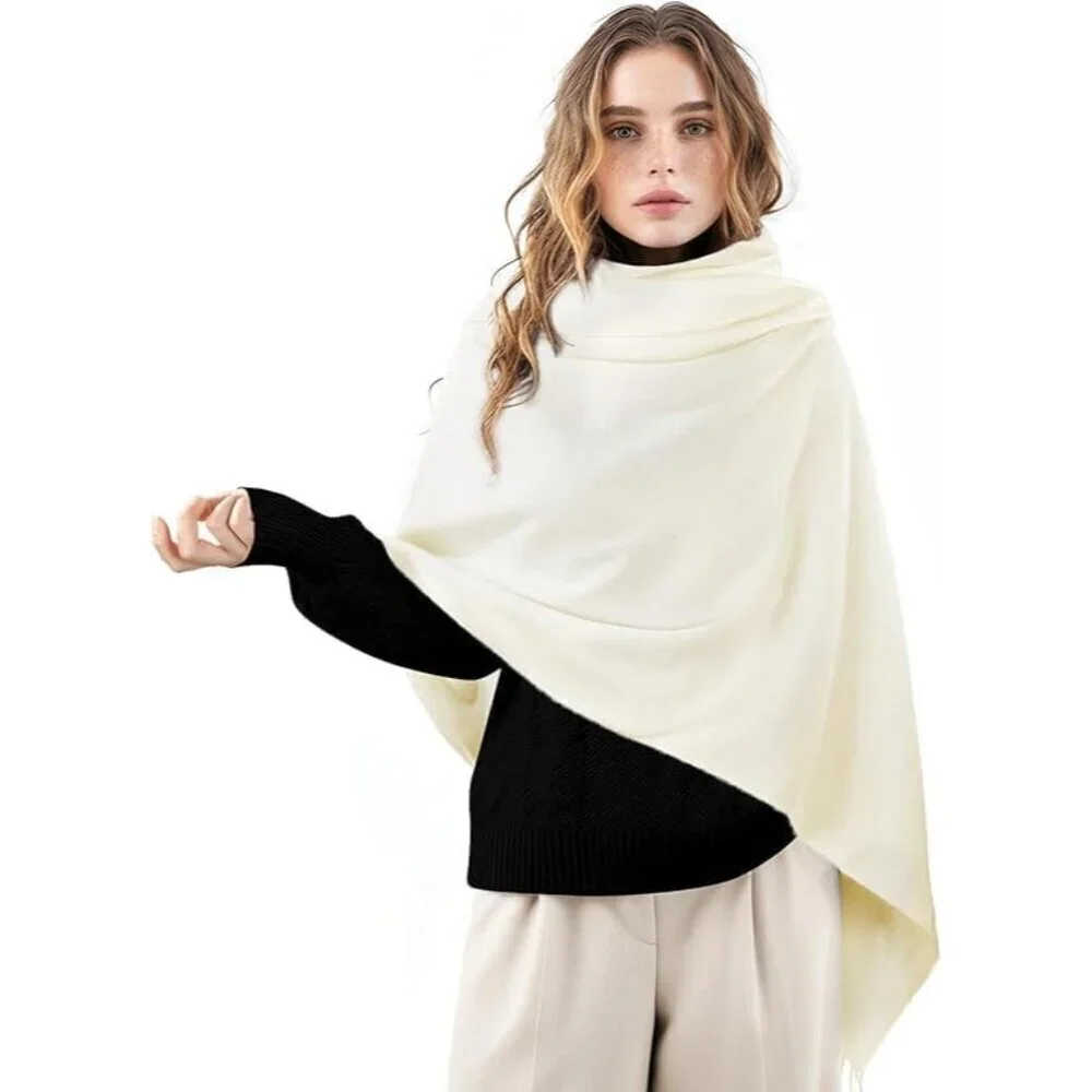 Women's Cream White Winter Classic Pashmina Shawls Cashmere Feel Scarves Wraps